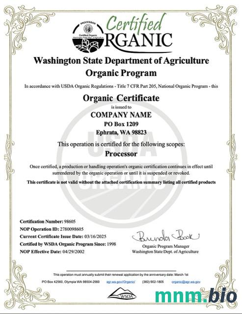 USA Washington organic vcertyfikat of company Word i szablon PDF